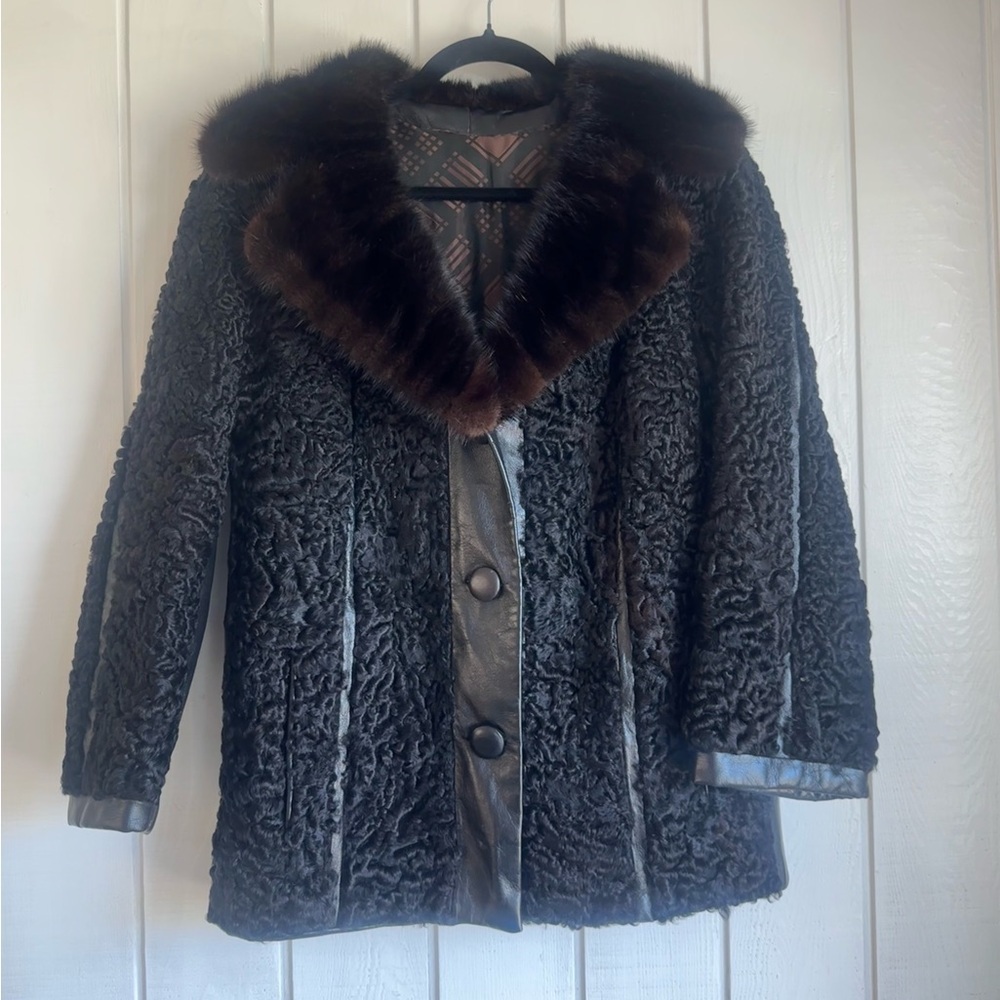 Vintage Persian Lamb Fur & Leather Jacket with Genuine Dark Brown Fur Collar